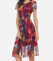 photo Hollow Out Printed Bowknot Captivating Round Neck Skater Dress by FashionMia, color Claret Red - Image 3