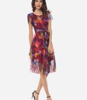 photo Hollow Out Printed Bowknot Captivating Round Neck Skater Dress by FashionMia, color Claret Red - Image 5