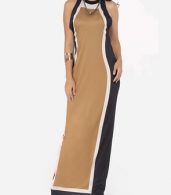 photo Assorted Colors Vintage Trendy Crew Neck Maxi Dress by FashionMia, color Camel - Image 2