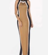 photo Assorted Colors Vintage Trendy Crew Neck Maxi Dress by FashionMia, color Camel - Image 1