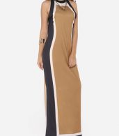 photo Assorted Colors Vintage Trendy Crew Neck Maxi Dress by FashionMia, color Camel - Image 3