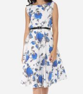 photo Floral Printed Exquisite Round Neck Skater Dress by FashionMia, color Blue - Image 2