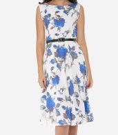 photo Floral Printed Exquisite Round Neck Skater Dress by FashionMia, color Blue - Image 1
