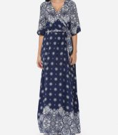 photo Bohemian Printed Split Cross Straps Loose Fitting Charming V Neck Maxi Dress by FashionMia, color Dark Blue - Image 2