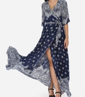 photo Bohemian Printed Split Cross Straps Loose Fitting Charming V Neck Maxi Dress by FashionMia, color Dark Blue - Image 3