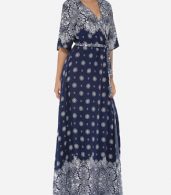 photo Bohemian Printed Split Cross Straps Loose Fitting Charming V Neck Maxi Dress by FashionMia, color Dark Blue - Image 4