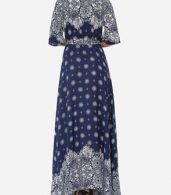 photo Bohemian Printed Split Cross Straps Loose Fitting Charming V Neck Maxi Dress by FashionMia, color Dark Blue - Image 5