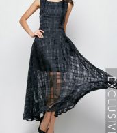 photo Plaid Plain Slash Neck Maxi Dress by FashionMia, color Black - Image 2