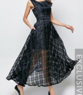 photo Plaid Plain Slash Neck Maxi Dress by FashionMia, color Black - Image 1
