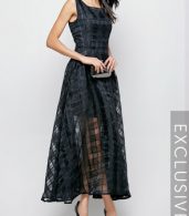 photo Plaid Plain Slash Neck Maxi Dress by FashionMia, color Black - Image 3