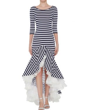 photo Striped Jersey Dress with Ruffles by Natasha Zinko R6108-03W15, Black White Stripe color - Image 2