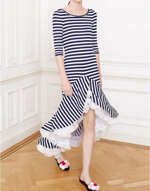 photo Striped Jersey Dress with Ruffles by Natasha Zinko R6108-03W15, Black White Stripe color - Image 4
