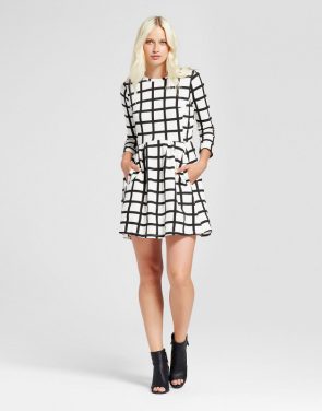 photo Printed 3/4 Sleeve Crew Neck Dress by K by Kersh, color Black Off-White - Image 1