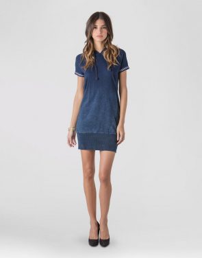 photo Cotton Indigo knit hooded Popover Dress by S&P by Standards and Practices, color Dark Blue Indigo - Image 1