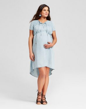 photo Maternity Denim Wash Eyelet Dress by 14Th Place, color Blue - Image 1