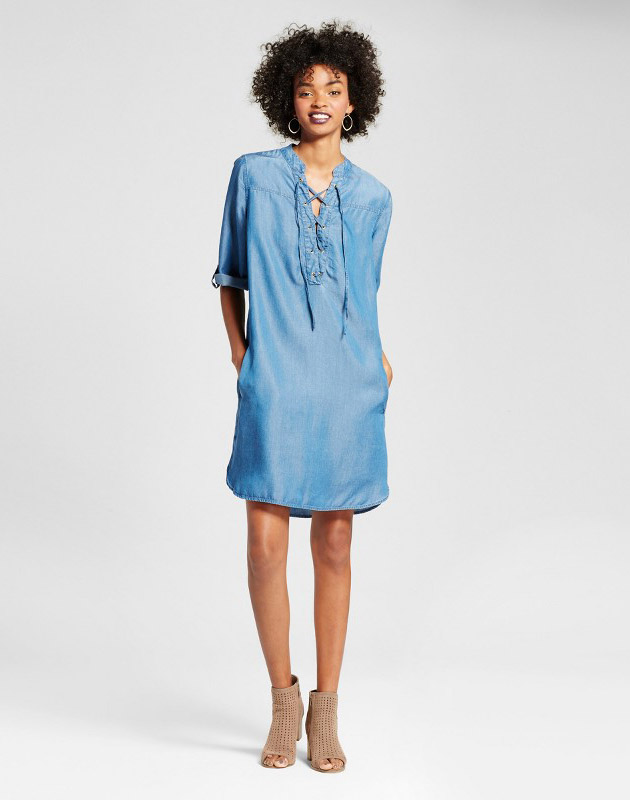photo Chambray Lace Up Dress by Alison Andrews, color Denim Blue - Image 1