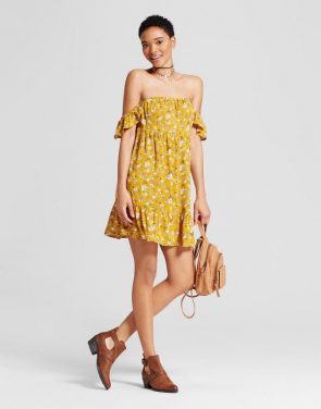 photo Off the Shoulder Tiered Ruffle Dress by Mossimo Supply Co., color Yellow Floral - Image 1
