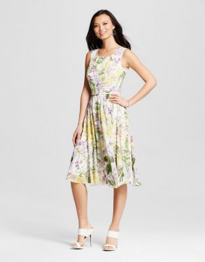 photo Floral Printed Chiffon Dress with Belt by Melonie T, color Ivory/Yellow - Image 1