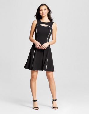 photo Textured Knit Contrast Seamed Fit and Flare Dress by Melonie T, color Black/Ivory - Image 1
