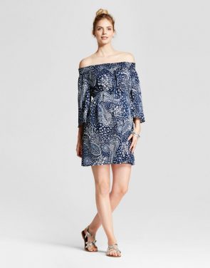 photo Maternity Paisley Print Off the Shoulder Dress by Fynn & Rose, color Blue - Image 1
