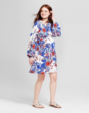 photo Maternity Floral Billow Sleeve Shirt Red Neckline Dress by Fynn & Rose, Multicolor - Image 1