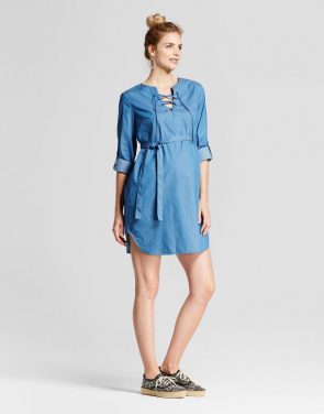 photo Maternity Lace Up Front Chambray Dress W/ Belt by Fynn & Rose, color Blue - Image 1