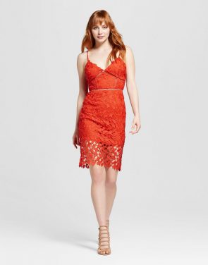 photo Lace Sheath Dress by Necessary Objects, color Bright Coral - Image 1