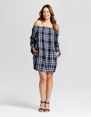 photo Plaid Off the Shoulder Dress by Knox Rose, color Navy - Image 1