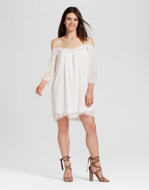 photo Off the Shoulder Dot Dress with Pom Poms by Layered with Love, color White - Image 1