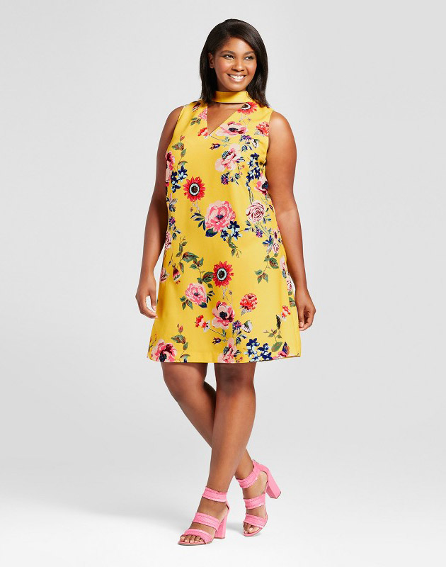 photo Plus Size Choker Floral Shift Dress by Ava & Viv, color Yellow - Image 1