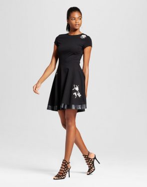 photo Embroidery Patch Ponte Fit n' Flare Dress by Necessary Objects, color Black - Image 1