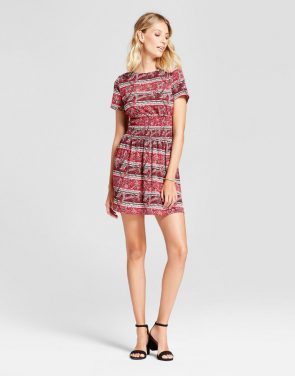 photo Mixed Print Smocked Waist Fit and Flare Dress by Isani for Target, color Red/Wine - Image 1