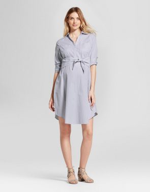 photo Maternity Striped Tie Front Shirt Dress by Isabel Maternity by Ingrid & Isabel, color Eggshell Blue - Image 1