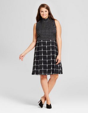 photo Plus Size Smocked Neck Mini Dress by Who What Wear, color Black/White Plaid - Image 1