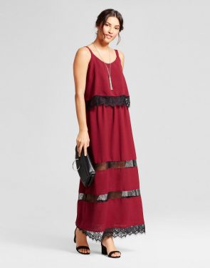 photo Lace Trim Popover Dress by Notations, color Burgundy Modish, Red - Image 1