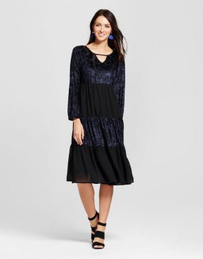 photo Velvet Burnout Tiered Midi Dress with Built in Slip by Knox Rose, color Black - Image 1