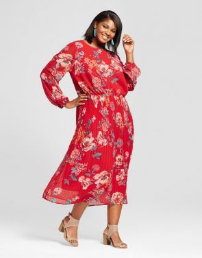 photo Plus Size Printed Pleated Cold Shoulder Dress by Ava & Viv, color Red - Image 1