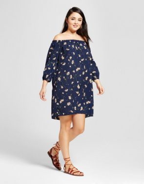 photo 3/4 Sleeve Printed Off the Shoulder Dress by K by Kersh, color Navy - Image 1