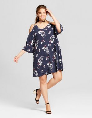 photo Plus Size Floral Printed Cold Shoulder Dress by Grayson Threads, color Floral Navy - Image 1