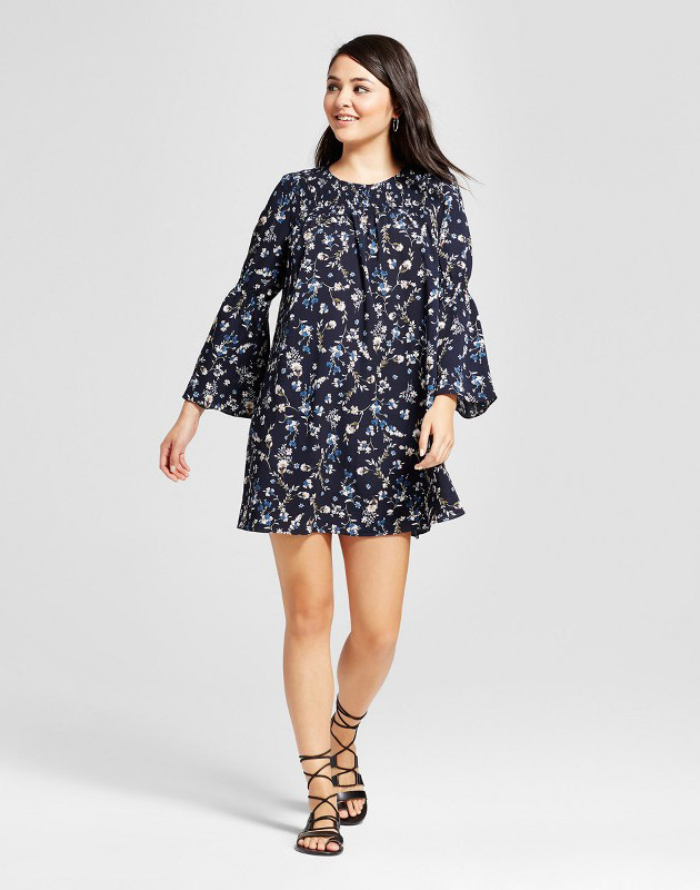 photo Printed Bell Sleeve Shift Dress by K by Kersh, color Navy|Multi - Image 1