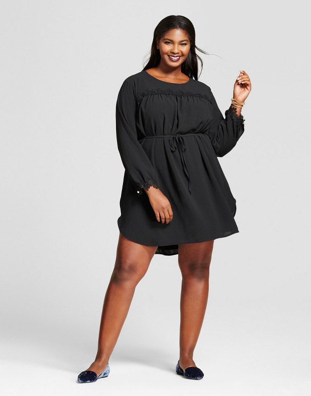 photo Plus Size Long Sleeve Lace Detail Crepe Dress by A New Day, color Black - Image 1