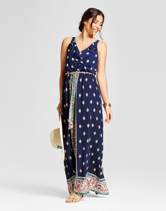 photo Border Printed Maxi Dress with Ruffle by Lux II, color Navy - Image 1
