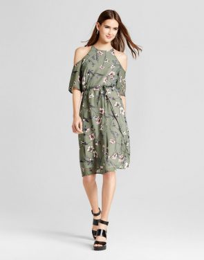 photo Floral Cold Shoulder Tie Waist Dress by Layered with Love, color Fgreen - Image 1