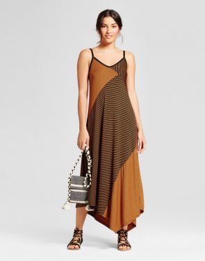 photo Mixed Stripe Knit Maxi Dress with Asymmetrical Hem by Spenser Jeremy, color Black Brown - Image 1
