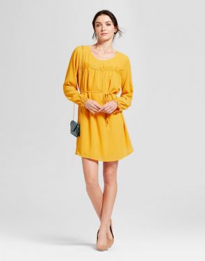 photo Long Sleeve Lace Detail Crepe Dress by A New Day, color Gold - Image 1