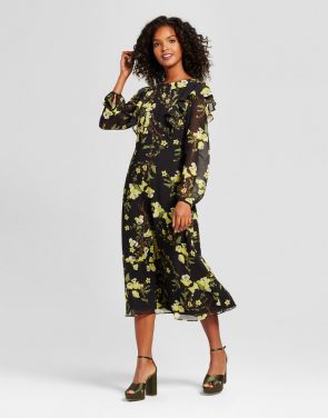 photo Flutter Shoulder Dress- Who What Wear, color Black Green Floral - Image 1