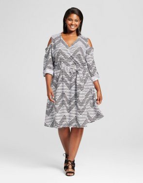 photo Plus Size Chevron Cold Shoulder Wrap Dress by U-knit, color Black - Image 1