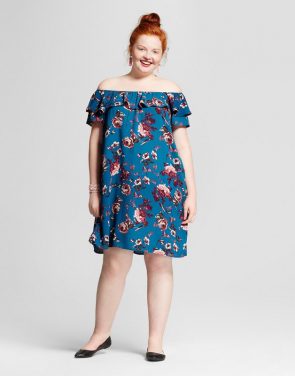 photo Plus Size Printed Off the Shoulder Dress by Xhilaration, color Blue Floral Print - Image 1