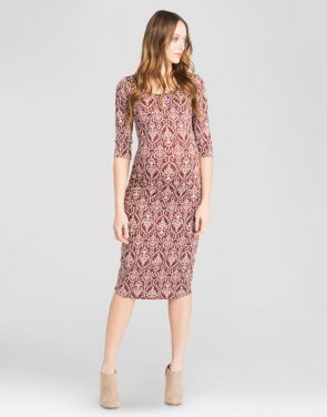photo Maternity Ruched Floral Bodycon Dress by Expected by Lilac, color Burgundy red - Image 1