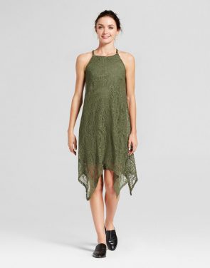 photo Shark Bite Hem Lace Tank Dress by Lux II, color Olive Green - Image 1